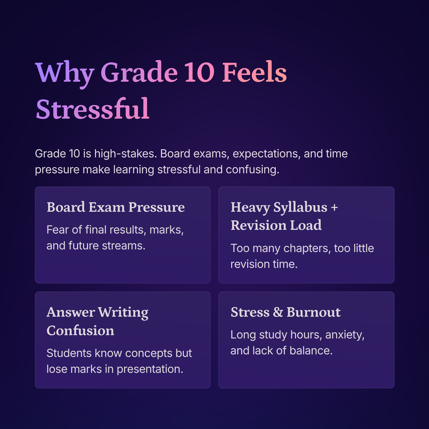 Chart detailing why Grade 10 feels stressful on a dark background