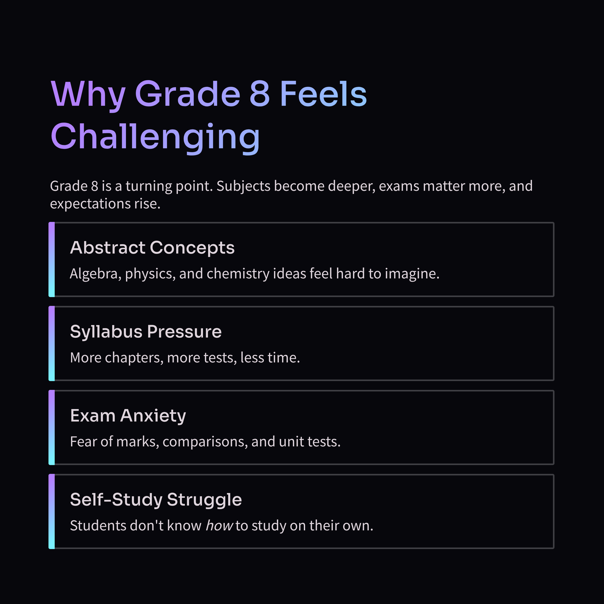 Text list explaining why Grade 8 feels challenging on a black background