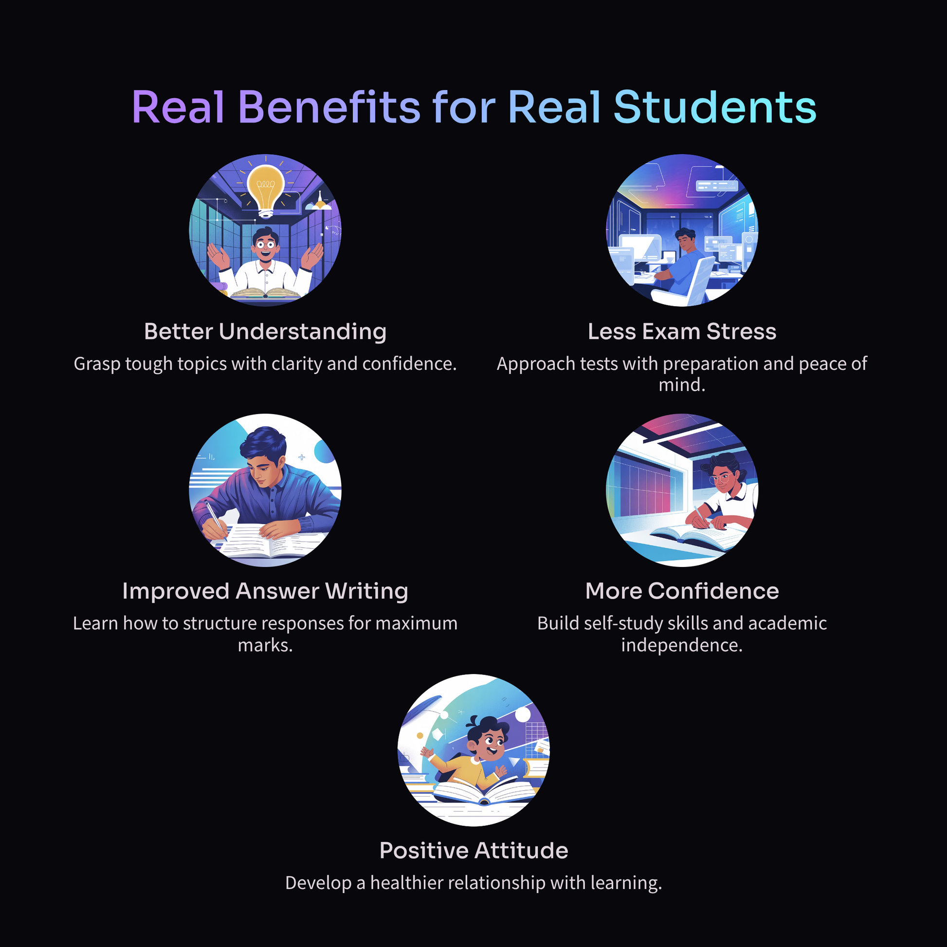 List of benefits for students on a black background with circular icons and text.