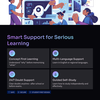 Educational platform advertisement with text 'Smart Support for Serious Learning' and features listed.