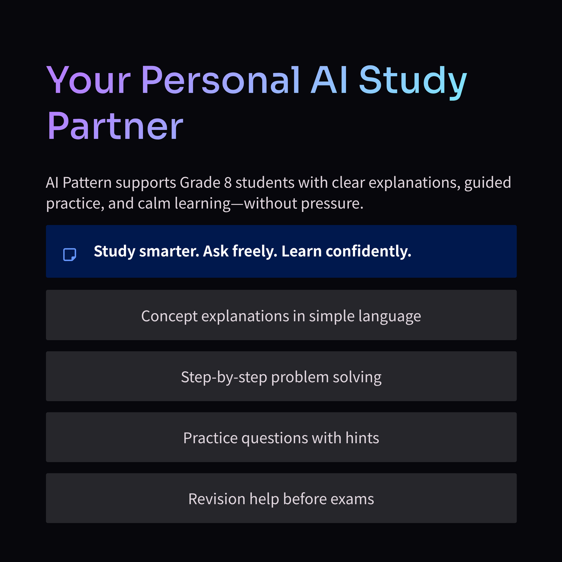 Advertisement for an AI study partner with features listed on a black background