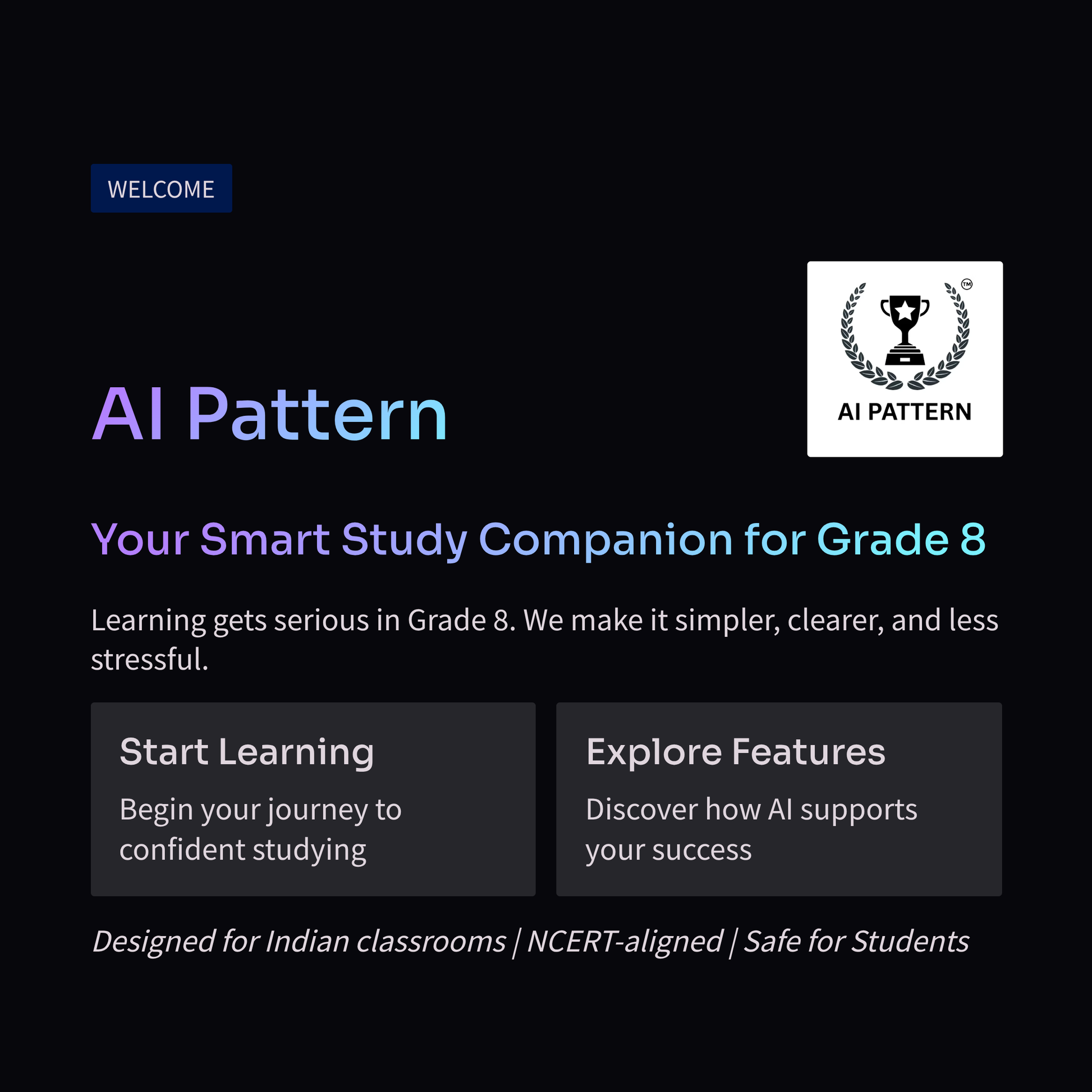 AI Pattern educational platform for Grade 8 students with a logo and text on a black background.