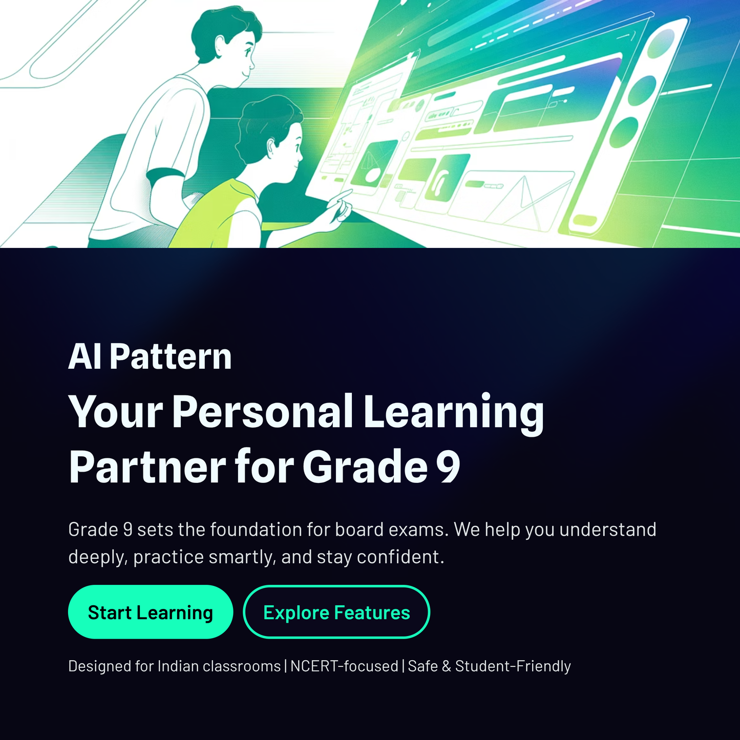 Advertisement for AI learning tool with two students studying on a computer screen.