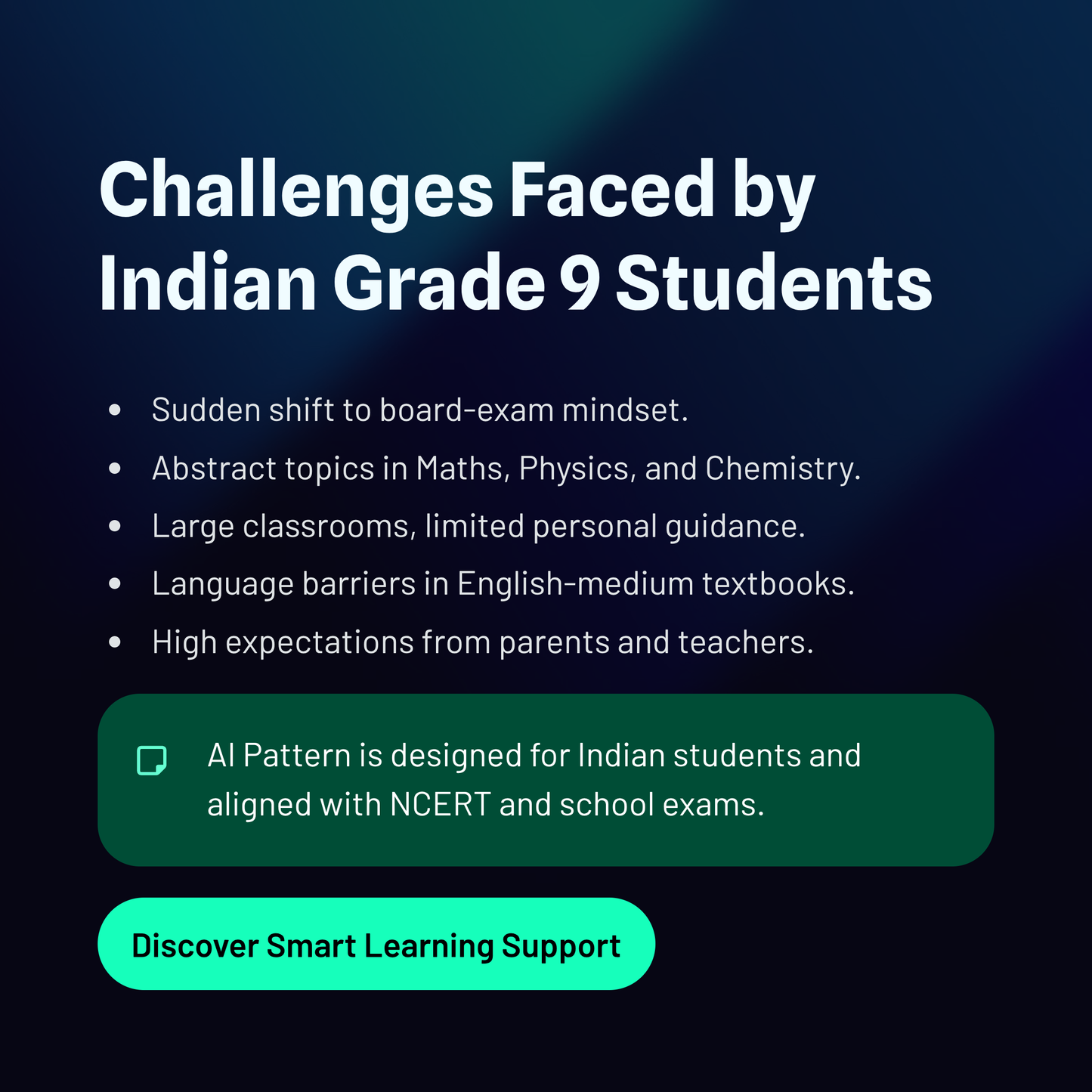 List of challenges faced by Indian Grade 9 students with a promotional message for smart learning support.