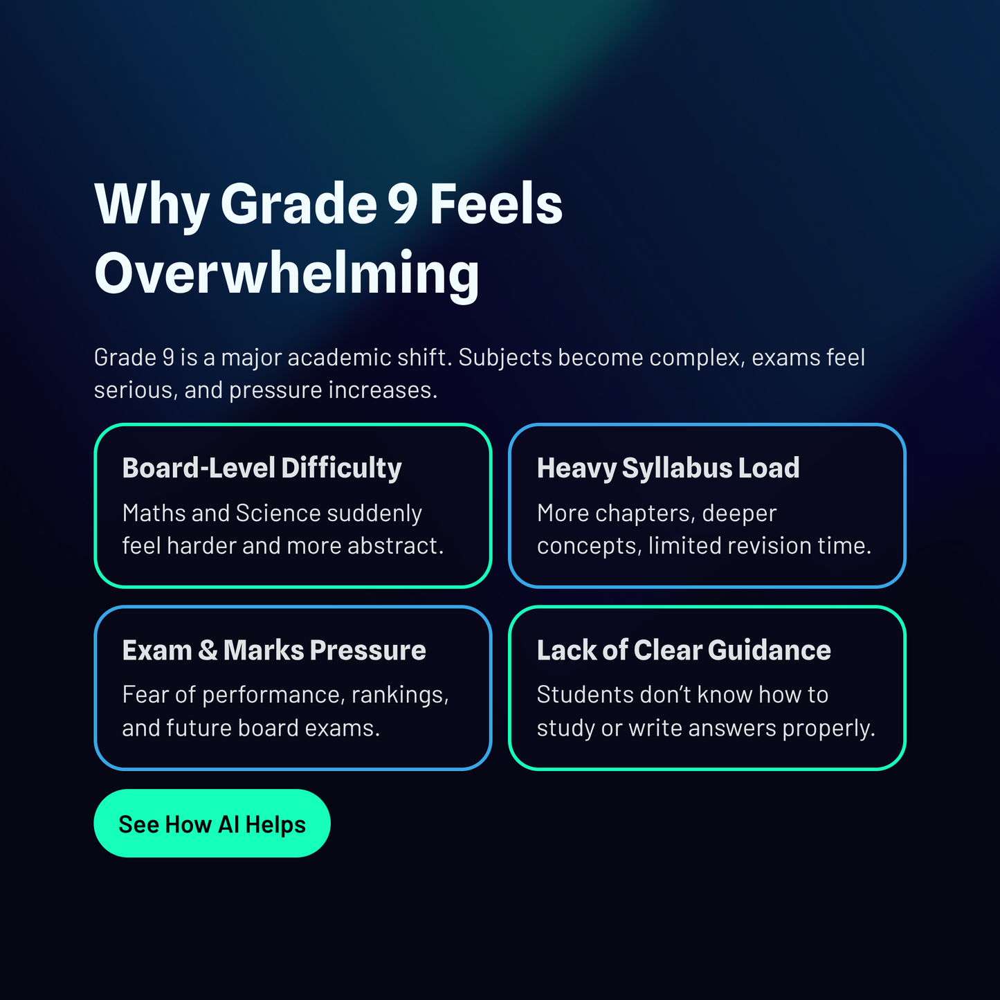 Chart detailing why Grade 9 feels overwhelming with text on a dark background