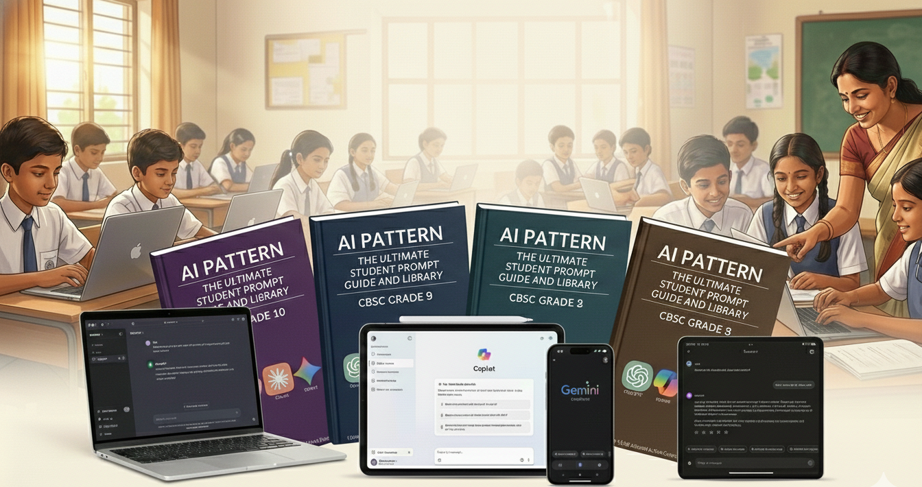 Classroom scene with students and teachers, alongside educational technology products on a desk.