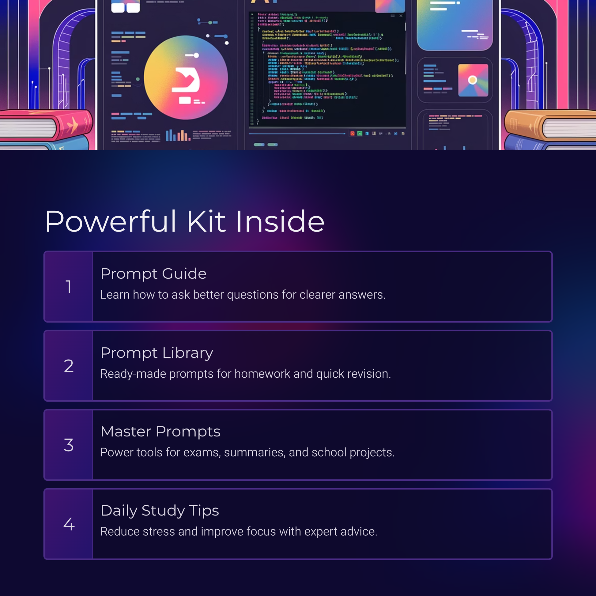 Promotional graphic for a 'Powerful Kit Inside' with text and icons on a dark background.