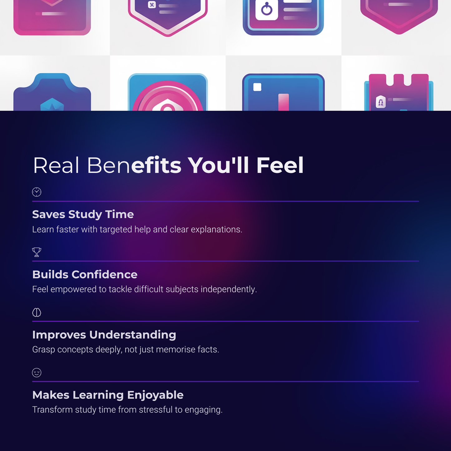 List of benefits of a study tool with colorful icons at the top.