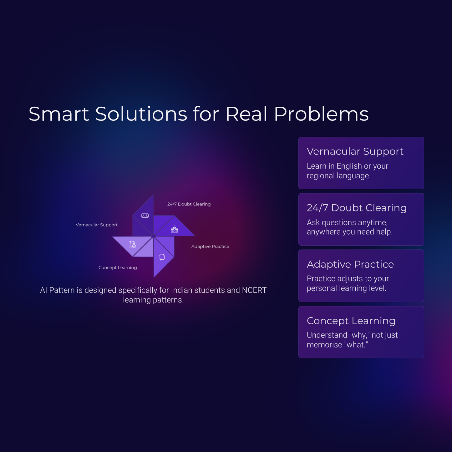 Smart solutions for real problems with a purple and blue color scheme on a dark background.