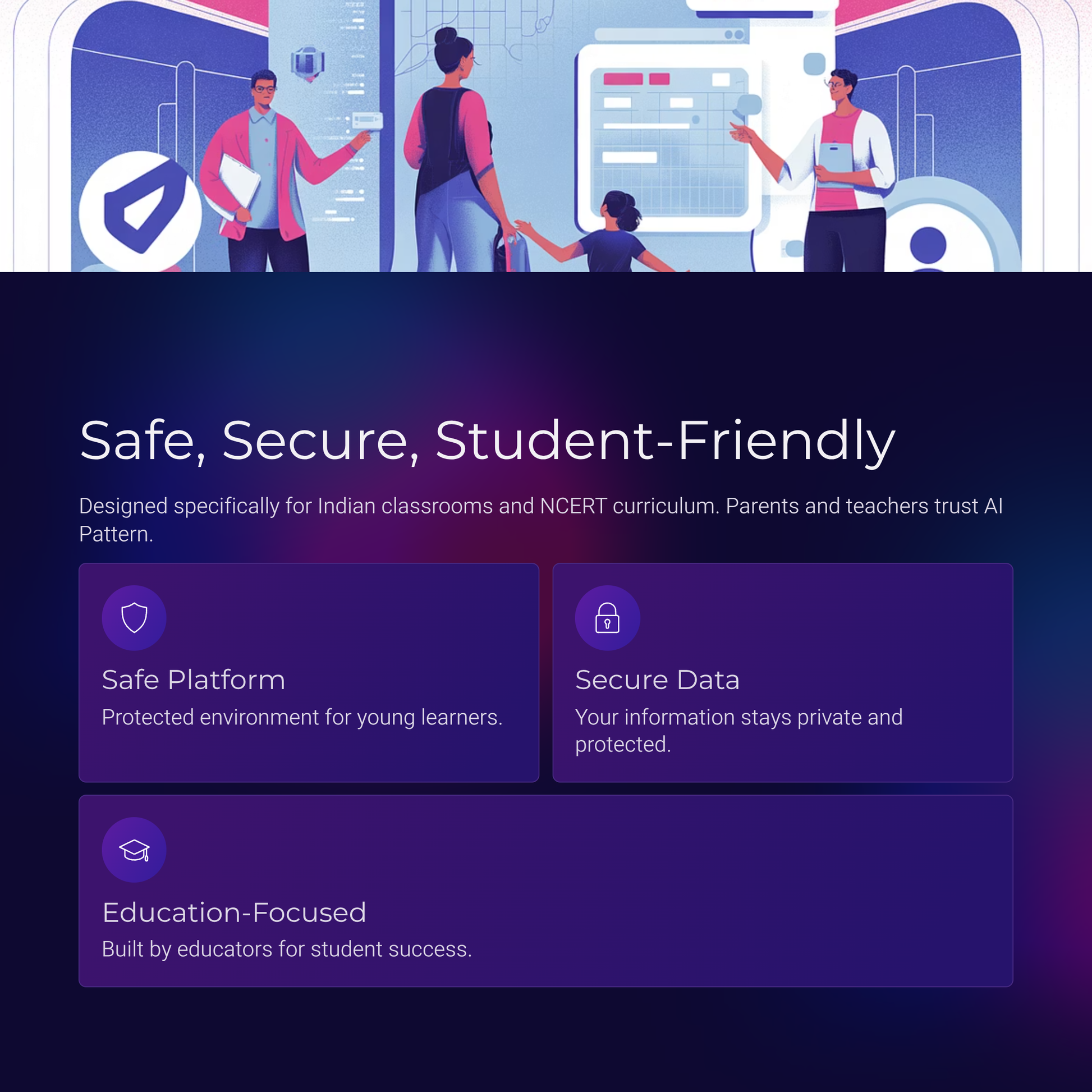 Promotional graphic for a safe, secure, student-friendly educational platform with illustrations of people working together.