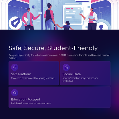 Promotional graphic for a safe, secure, student-friendly educational platform with illustrations of people working together.